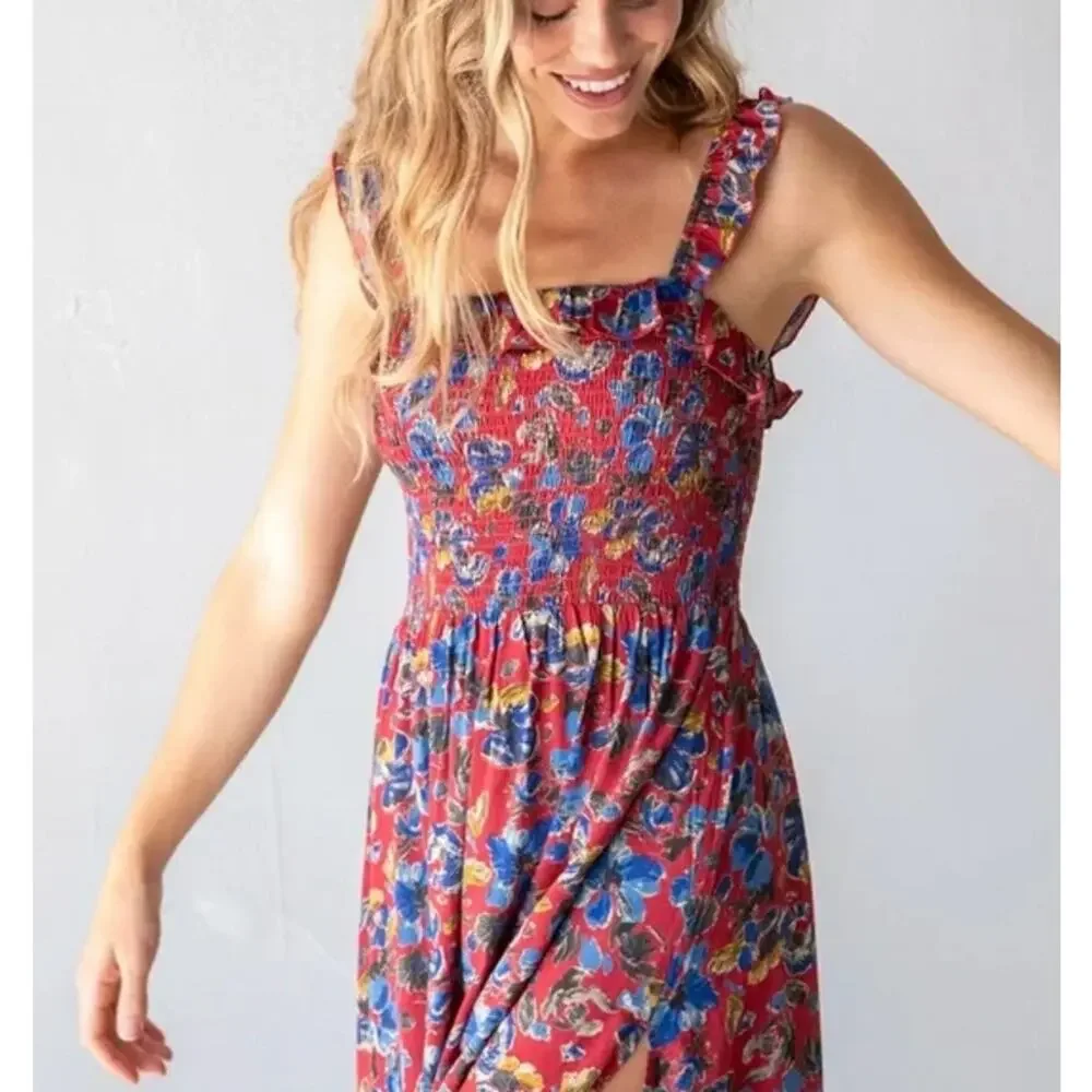 Natural Life Megan Smocked Midi Dress Floral Ruffle Square Neck Sleeveless Boho - Picture 3 of 12